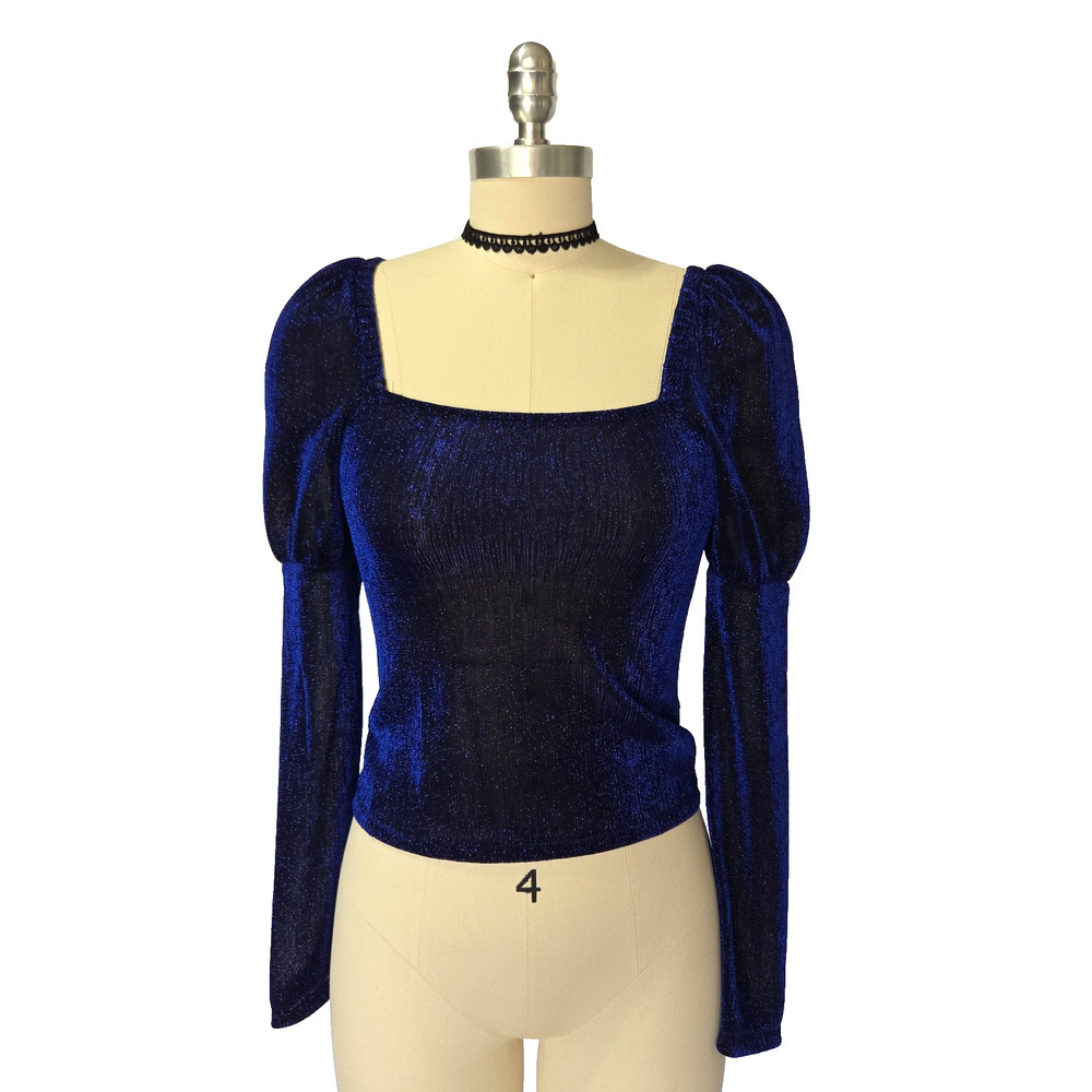 Express Blue Metallic Puff Sleeve Top Size XXS Square Neck Ren Faire Sparkle